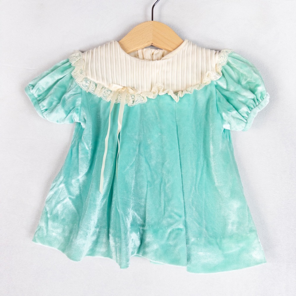 Cinderella Baby Girls Dress 12 Months Aqua Mint Green Vintage Velvet Lace Trim